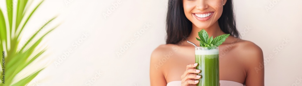 Rejuvenation Through Detox and Nutrient-Rich Wellness Choices, A woman smiles while holding a green smoothie, surrounded by a plant, conveying health and vitality.
