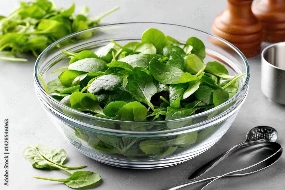 Fresh Green Spinach Leaves in Glass Bowl on Gray Kitchen Surface