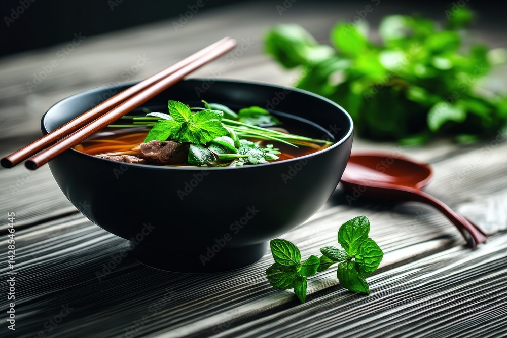 Fresh Herb Garnished Vietnamese Pho with Chopsticks on Wooden Table