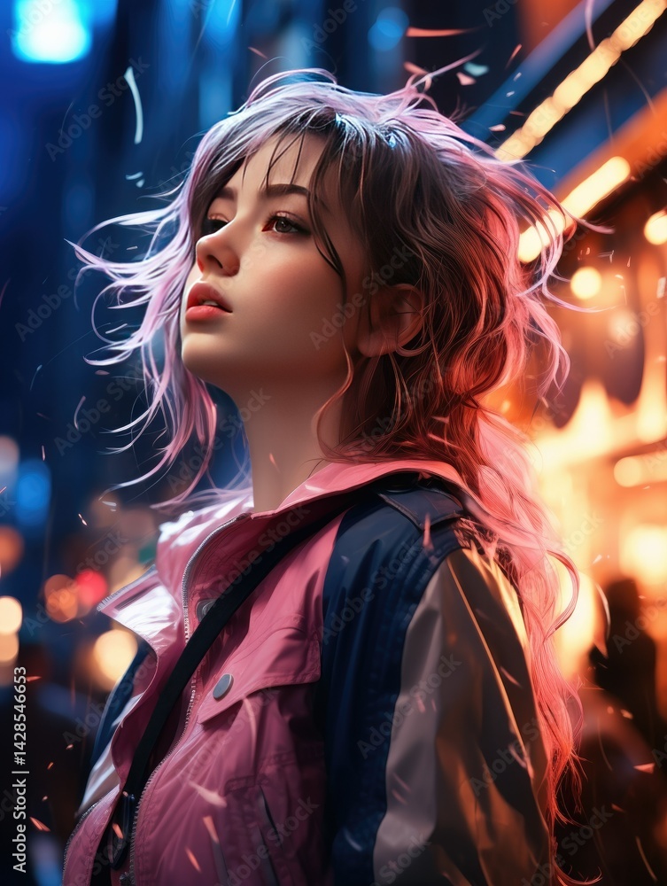 Naklejka premium Portrait of a young woman with pink hair in a jacket looking up at city lights at night time scene