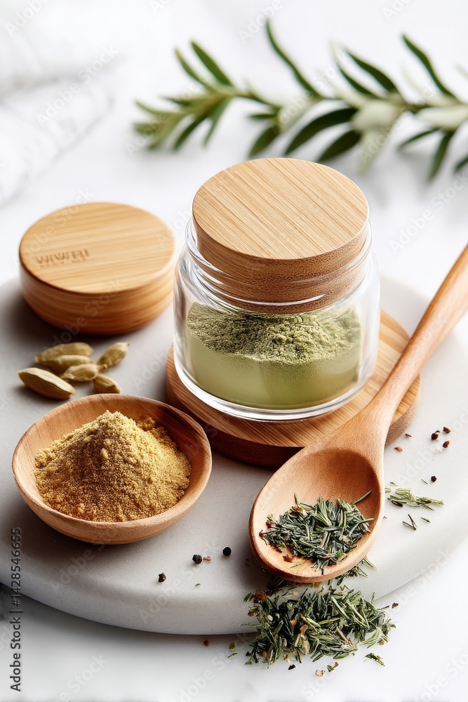 Fresh Herbs and Spices in Glass Jars on Marble Surface