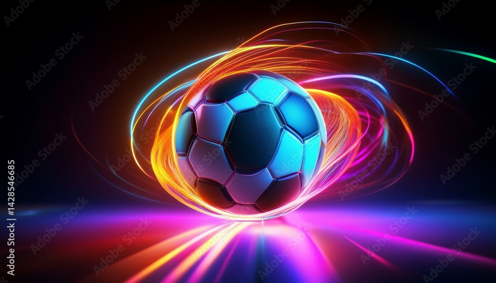 Fototapeta premium Neon Soccer Ball Energy Dynamic Light Trails, Futuristic Sport