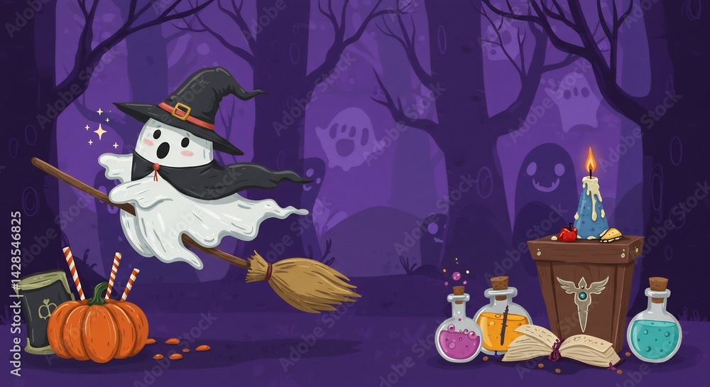 Fototapeta premium Cute Ghost Witch Flying on Broom in Spooky Purple Forest