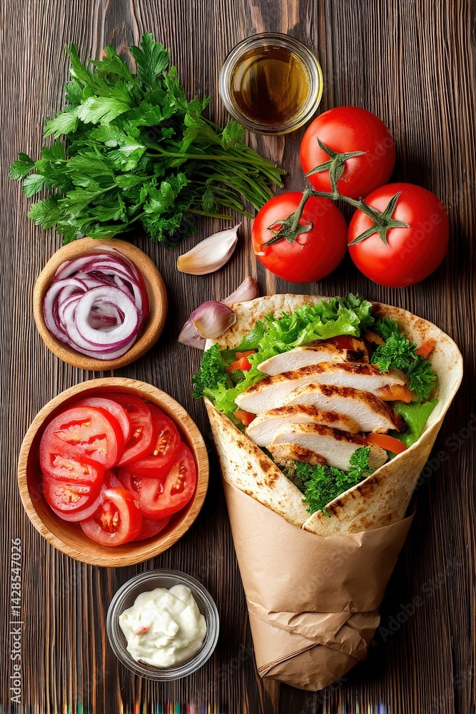 Fresh Ingredients for Healthy Wrap with Chicken and Vegetables