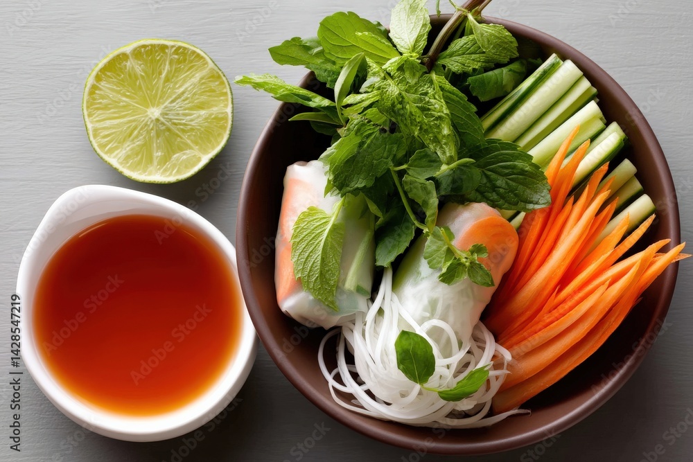Fresh Ingredients for Vegetable Spring Rolls with Dipping Sauce