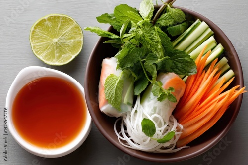 Obraz na płótnie Fresh Ingredients for Vegetable Spring Rolls with Dipping Sauce w salonie