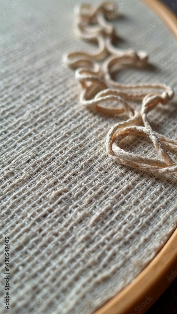 Intricate embroidery detail on natural fabric with looped yarn pattern Intricate embroidery detail on natural fabric with looped yarn pattern