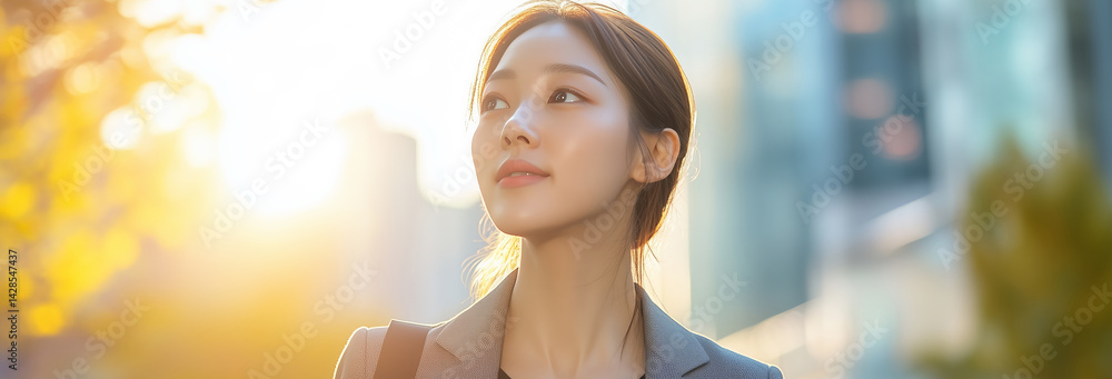 Elegant Korean professional walking in sunlight, modern architecture behind, city hustle
