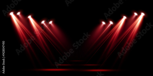 Various red spotlight beams isolated on black background. Set of bright red stage beams. Vector illustration