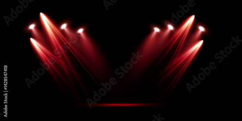Various red spotlight beams isolated on black background. Set of bright red stage beams. Vector illustration