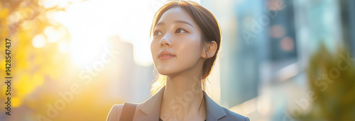 Obraz na płótnie Elegant Korean professional walking in sunlight, modern architecture behind, city hustle w salonie