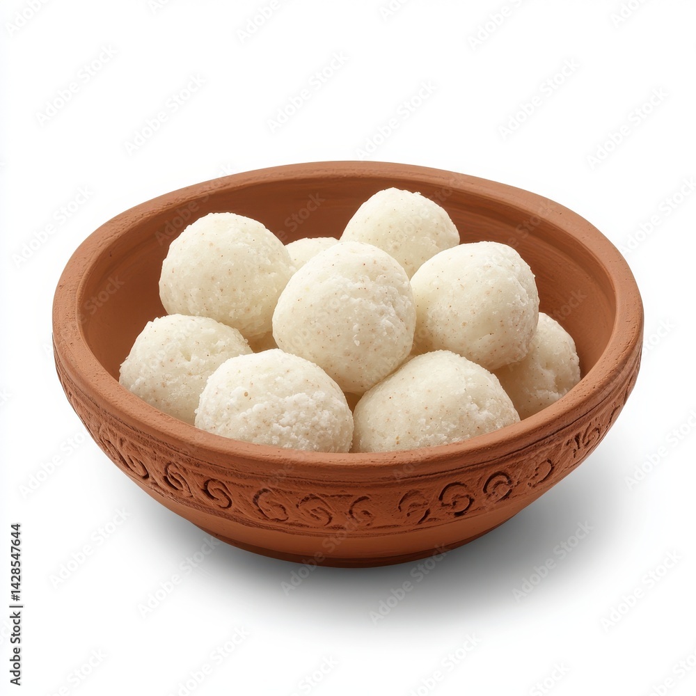 Rasgullas in an earthen bowl, close-up shot, isolated on a white background Rasgullas in an earthen bowl, close-up shot, isolated on a white background