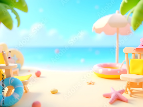 Summer beach vacation 3d illustration, Beginning of Summer holiday travel seaside summer vacation concept illustration background