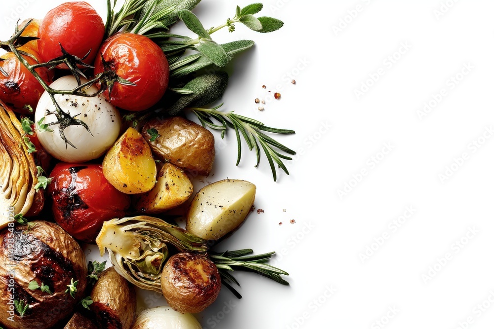 Fresh Organic Vegetables and Herbs Arranged on a White Background