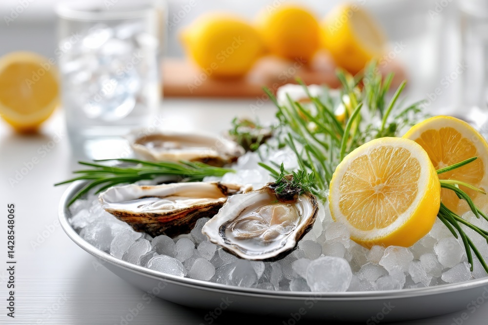 Fresh Oysters on Ice with Lemon Slices and Herbs for Garnish