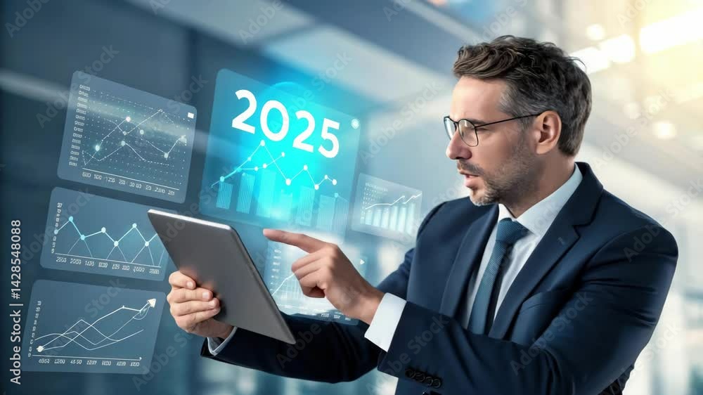 Businessman Using Tablet for Data Analysis of Trends and Projections in 2025 Businessman Using Tablet for Data Analysis of Trends and Projections in 2025