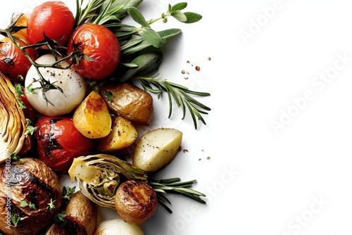 Fresh Organic Vegetables and Herbs Arranged on a White Background