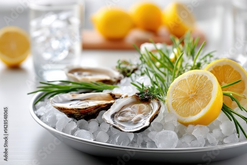 Obraz na płótnie Fresh Oysters on Ice with Lemon Slices and Herbs for Garnish w salonie