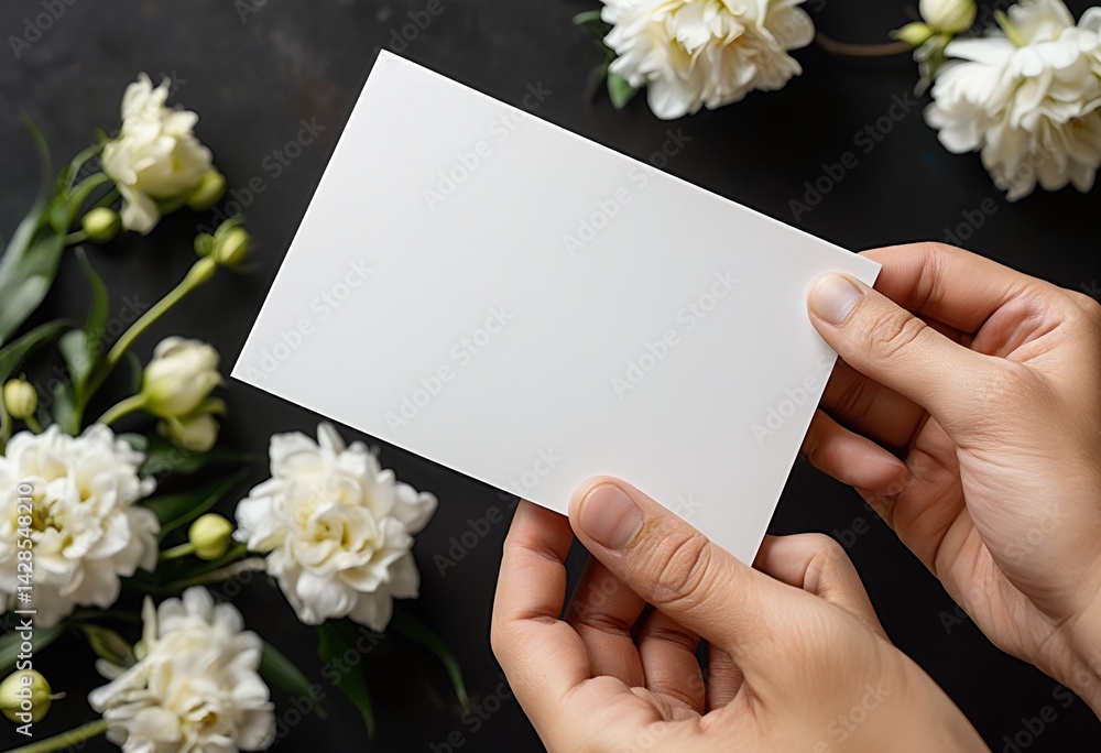 Obraz premium a person's hands hold a blank white card surrounded by delicate white lisianthus flowers on a dark surface.