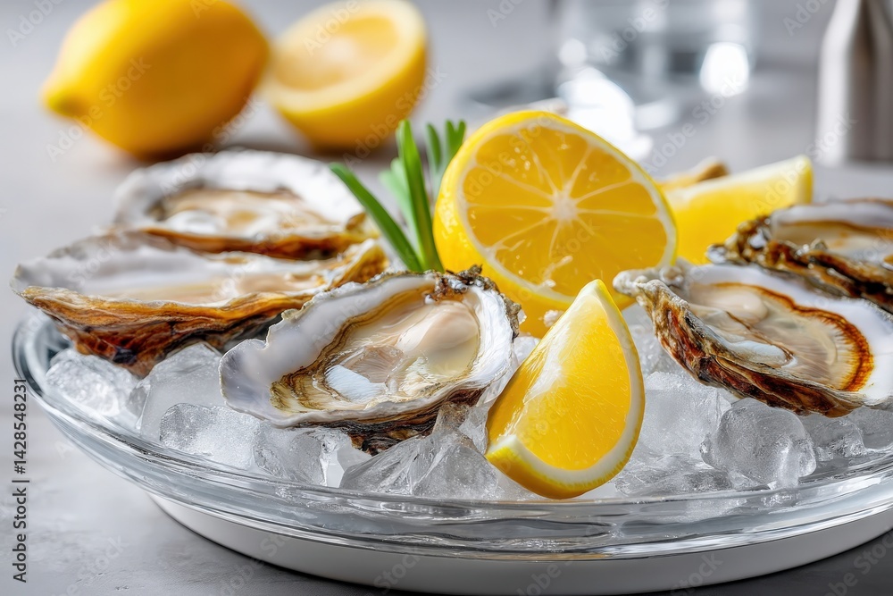 Fresh Oysters on Ice with Lemon Wedges and Garnish in Plate