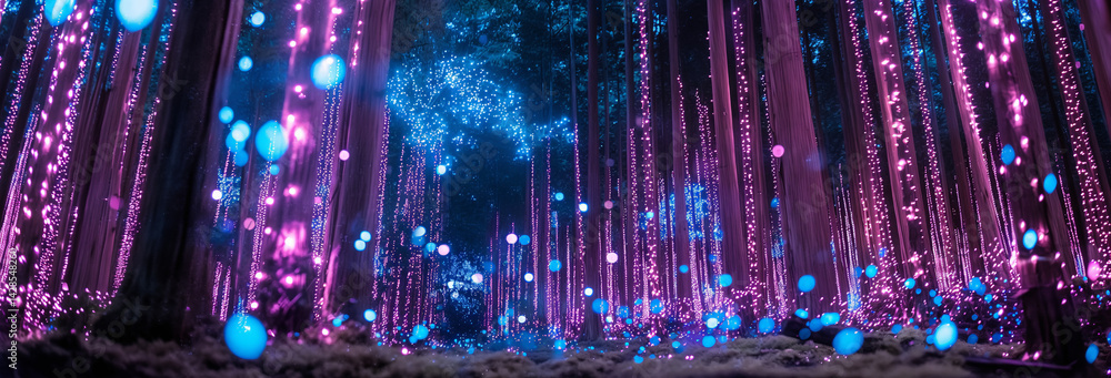 A magical forest filled with towering trees that emit soft, radiant light in shades of purple, blue, and pink.