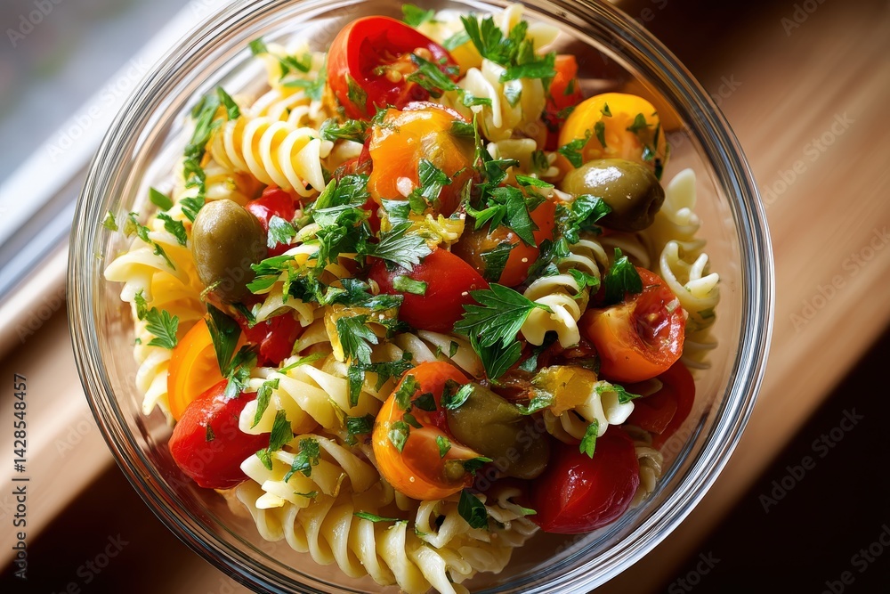 Fresh Pasta Salad with Cherry Tomatoes and Olives in Clear Bowl