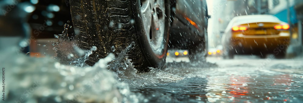 a realistic photo of a tire on a car water splashes of the tire, large focus on the front left tire, on a wet road splashing water