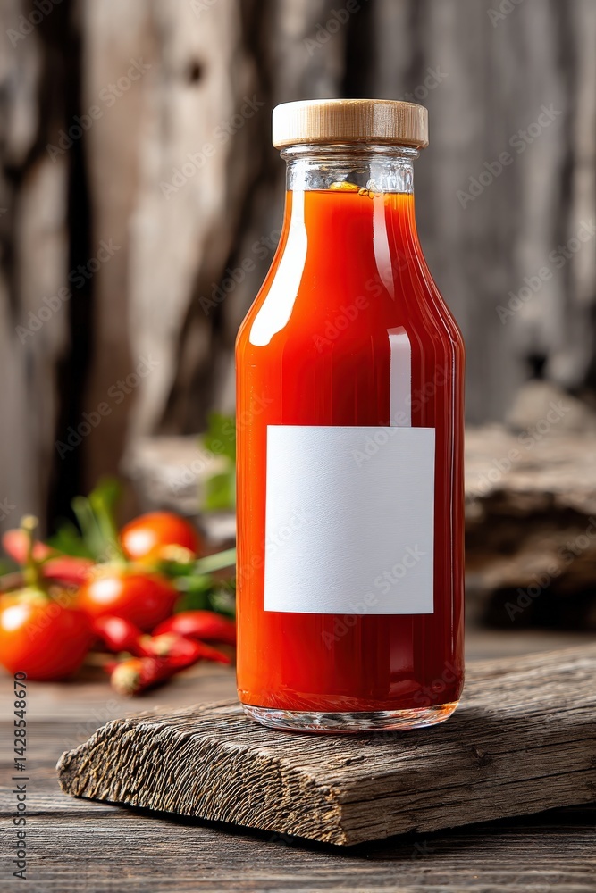 Fresh Red Sauce in Clear Bottle on Wooden Surface with Tomatoes