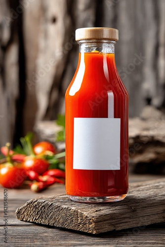 Obraz na płótnie Fresh Red Sauce in Clear Bottle on Wooden Surface with Tomatoes w salonie