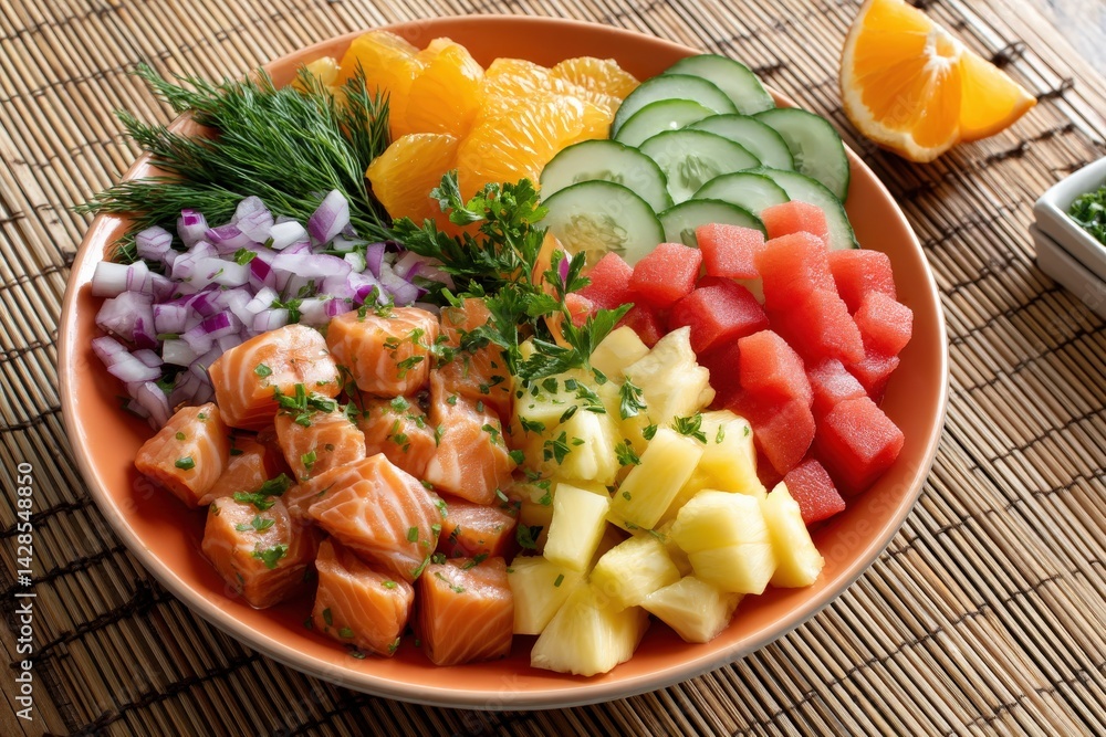 Fresh Salmon Salad with Colorful Fruits and Vegetables for Health