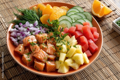 Obraz na płótnie Fresh Salmon Salad with Colorful Fruits and Vegetables for Health w salonie