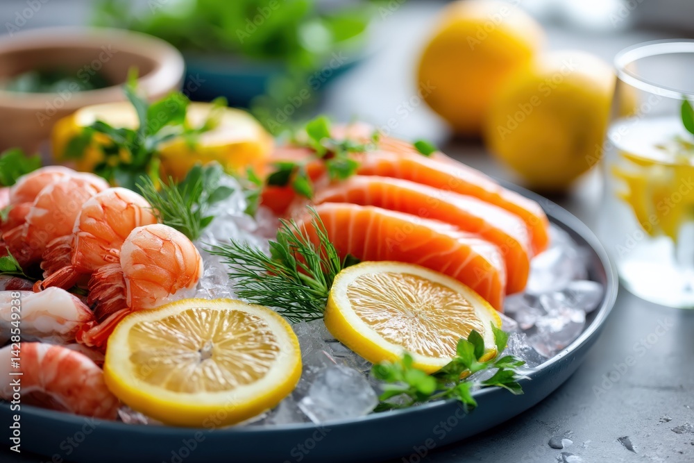Fresh Seafood Platter with Lemon and Herbs on a Rustic Table