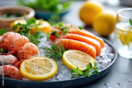 Obraz na płótnie Fresh Seafood Platter with Lemon and Herbs on a Rustic Table w salonie