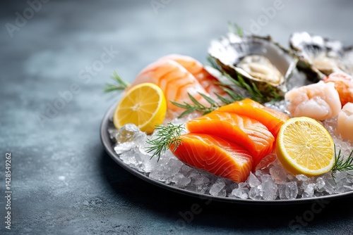 Obraz na płótnie Fresh Seafood Platter with Salmon, Oysters, Shrimp, and Lemon Slices w salonie