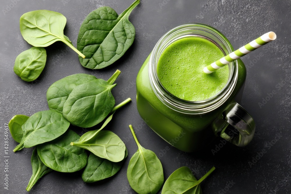 Fresh Spinach Smoothie in a Jar with Striped Straw and Leaves