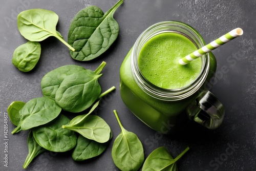 Obraz na płótnie Fresh Spinach Smoothie in a Jar with Striped Straw and Leaves w salonie