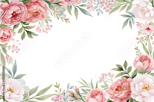 Floral border, greeting card with flowers, can be used as invitation card for wedding, birthday and other holiday and summer background, watercolor peonies vactor