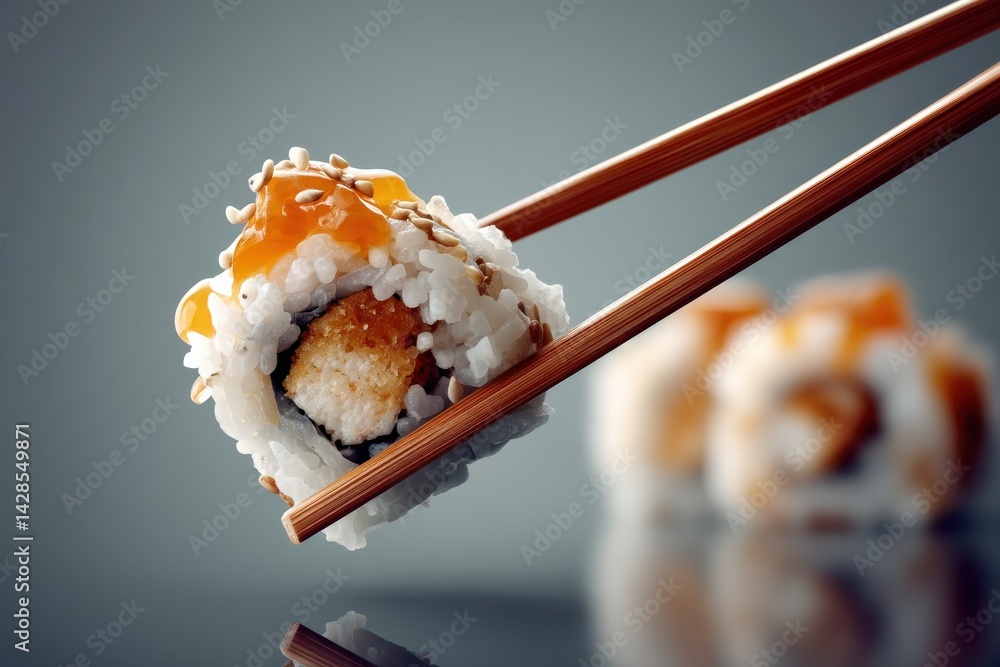 Fresh Sushi Roll with Salmon and Rice on Wooden Chopsticks