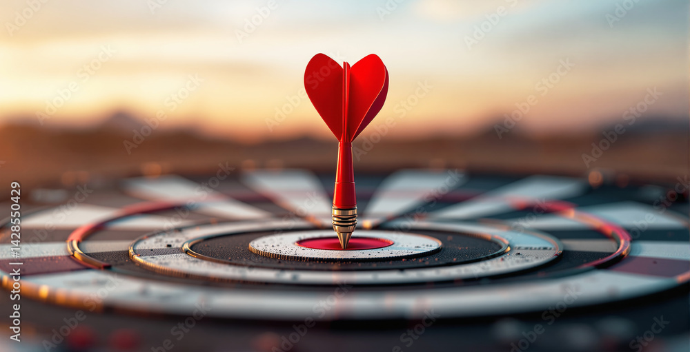Red dart with heart-shaped fins hits bullseye on dartboard, photorealistic style, placed outdoors with sunset background, concept of love and accuracy, Ai generative Red dart with heart-shaped fins hits bullseye on dartboard, photorealistic style, placed outdoors with sunset background, concept of love and accuracy, Ai generative