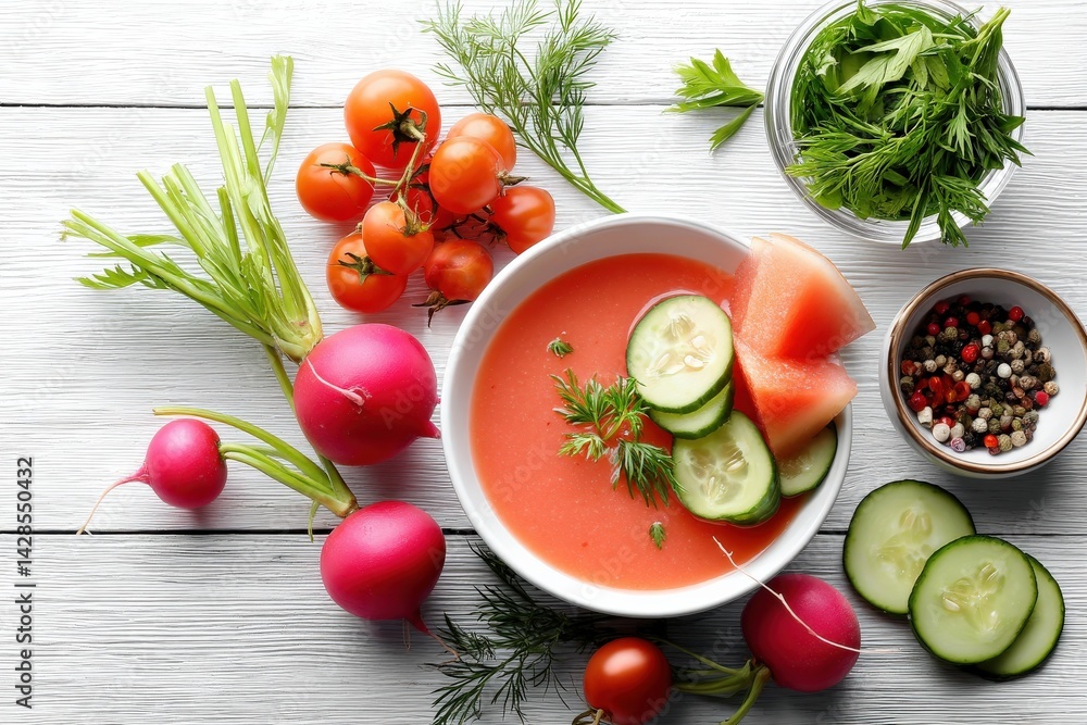 Fresh Tomato Soup with Vegetables and Herbs on Wooden Table