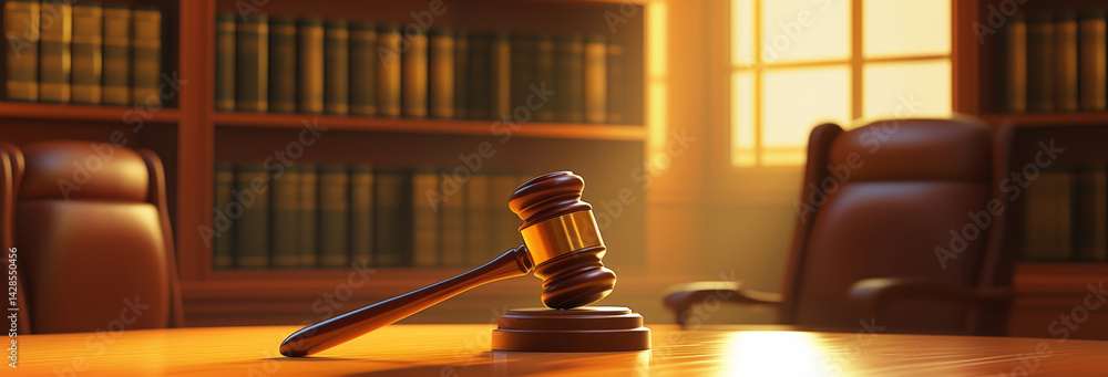 A judge's gavel resting prominently on a polished wooden table in a professional courtroom setting.