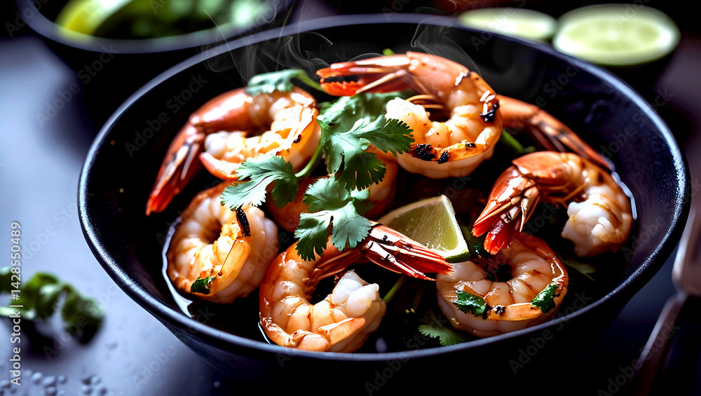 Steaming Grilled Shrimp Delight- Close-Up of Perfectly Cooked Prawns with Lime and Cilantro in a Dark Bowl Steaming Grilled Shrimp Delight- Close-Up of Perfectly Cooked Prawns with Lime and Cilantro in a Dark Bowl