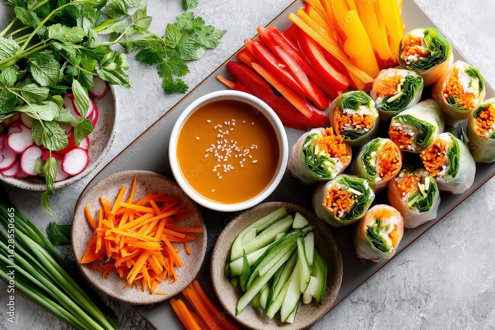 Fresh Vegetable Spring Rolls with Dipping Sauce on Gray Background
