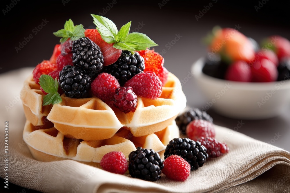 Fresh Waffles Topped with Assorted Berries and Mint Leaves