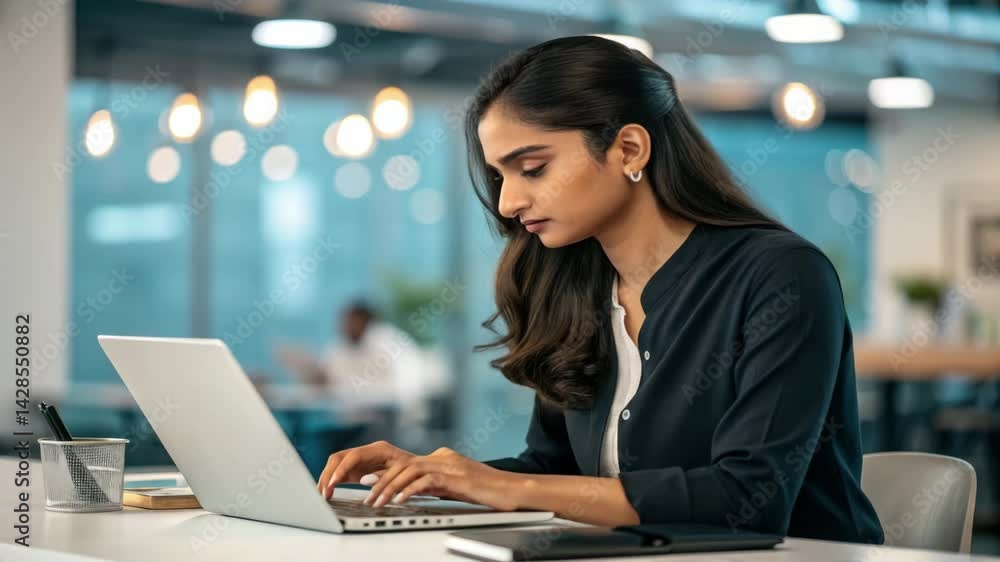 Focused woman working on laptop in modern office, showcasing concentration and productivity. Focused woman working on laptop in modern office, showcasing concentration and productivity.
