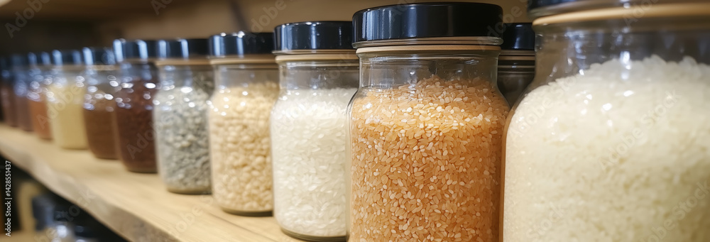 a close up of glass jars filled with rice, beans and other bulk pantry items on wooden shelfs in a well lit pantry