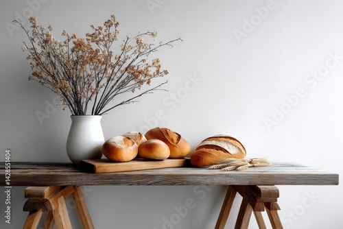 Obraz na płótnie Freshly Baked Bread Loaves Displayed with Rustic Vase and Flowers w salonie