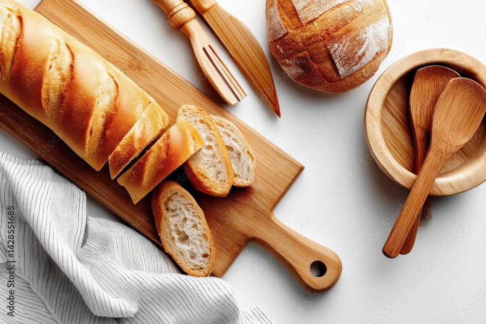 Freshly Baked Bread on Wooden Cutting Board with Kitchen Utensils
