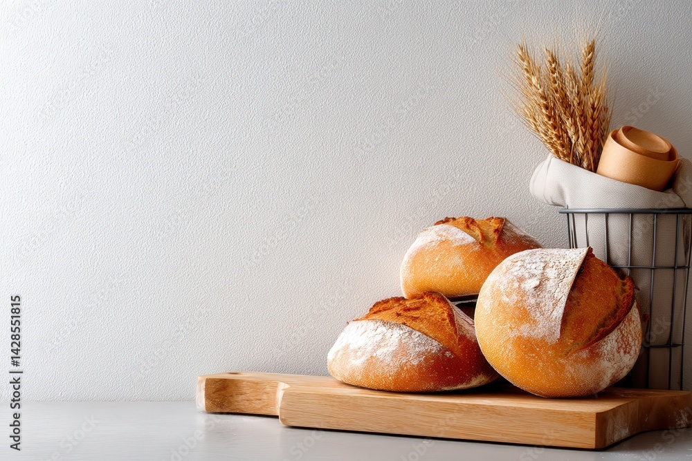 Freshly Baked Bread Rolls on Wooden Board with Wheat Decoration