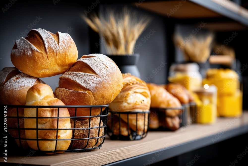 Freshly Baked Bread Rolls Displayed on Wooden Shelf with Decor